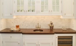 Bright White Wet Bar with Cherry Wood Countertop