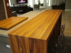 standard plank waterfall, teak island countertop, waterfall island countertop, waterfall kitchen island, waterfall countertop