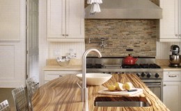 A Zebrawood Island Wood Countertop in a White Kitchen