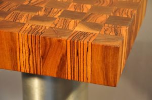 end grain butcher block with mixed zebrano and walnut wood countertop