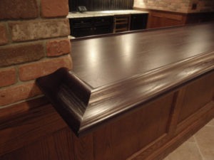 custom bar top, premium wide plank walnut wood bar top with chicago bar rail